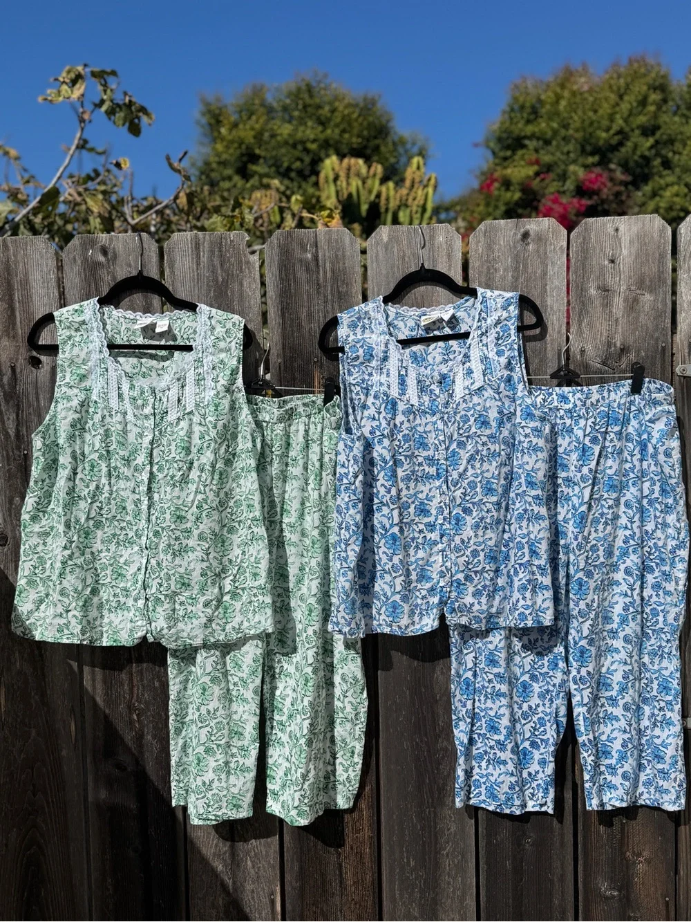 Vintage 100% Cotton Tank Top Blue Floral Pajama Top & Matching Capri Set